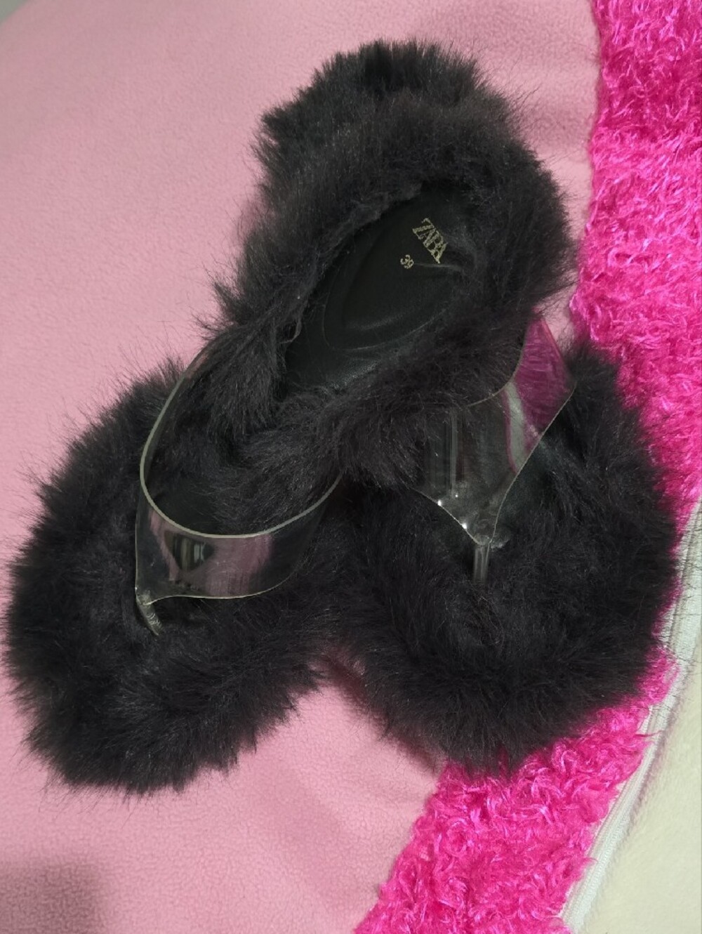 ZARA Black Faux Fur Slide Sandals with Clear PVC Thong Strap
